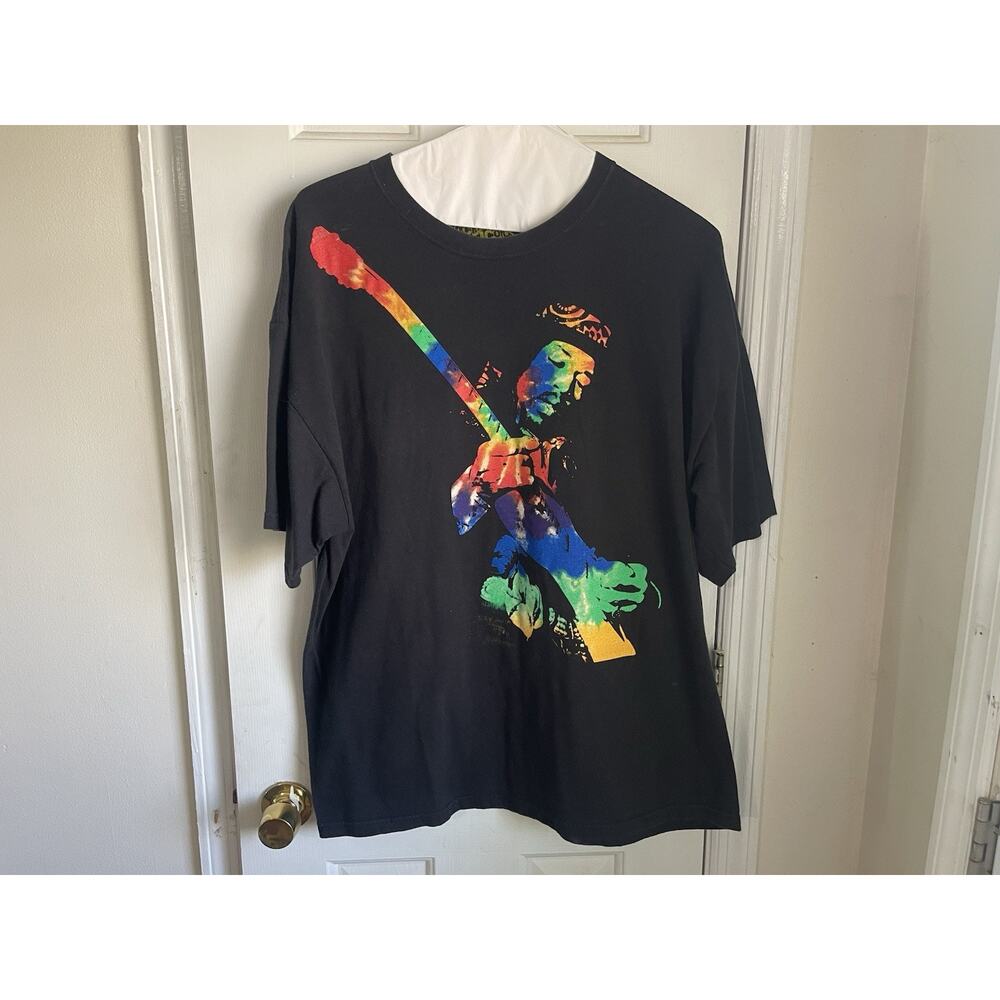 Jimmy Hendrix Rock Icons Guitarist Black T-Shirt Rainbow Print, XXL